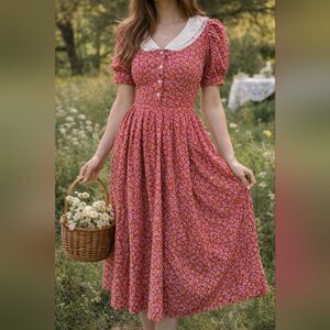 Vtg 80's Laura Ashley Red Floral Prairie Midi Dress 10 Cottagecore Romantic